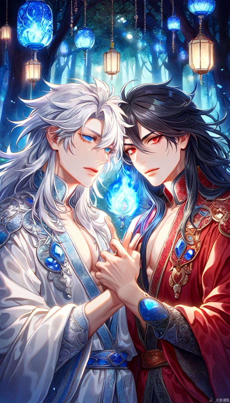 absurdres, highres, ultra detailed, HDR, master piece, best quality, extremely detailed face, delicated features, Xue Yu, untamed spiky hair, black hair, long hair, hair between the eyes, expressive red eyes, Thousand Years War, Gojou Satoru, white hair, messy hair, expressive blue eyes, two sexy men together, gay couple, yaoi, handsome, toned chest, black cape, red robes, white robes, accessories, patterns, fantasy, magic, envy magical, forest, blue dust, blue lanterns, blue fire, blue floating round lights