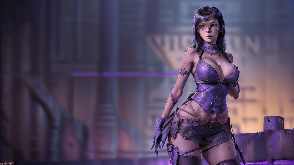 A futuristic dimly lit cyberpunk city with neon lights flashing in the background. (((((1 slim western woman, solo, large-:1.4 cleava))), AD2050 at night, (((wearing off neck tube top, miniskirt, black sunglasses, automatic rifle, standing and shooting pose))), (((((half-body (((thigh level))) medium:1.3 shot)))))