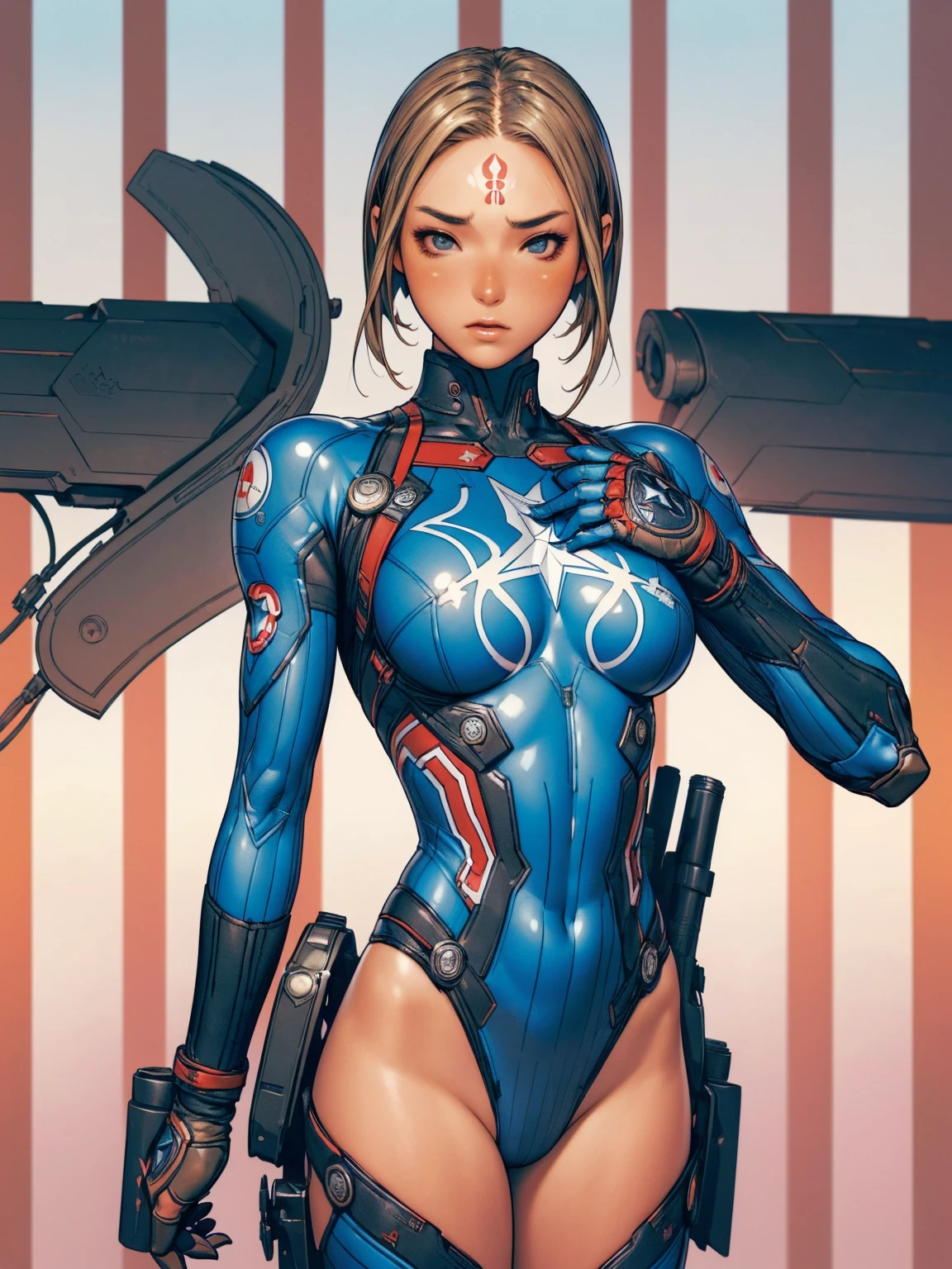 (((Captain America))), ((best qualityer)), (((dark blue with white stars))), (((bionde))), (((red and white stripes))), (((slim))), (Muscles), (((fit body armor suit))), ((Perfect masterpiece)), (detailded: 1.4), (absurdrez), (((long blonde hair with heavy bangs covering the entire forehead))), (((full body fitness, Venom symbol)), (((short hair woman, blushful))), 21 year old woman, beautiful sexy woman, giant robot pilot, wild with perfect corpo fitness, wearing small mecha battle armor clothes, tiny thong, Shonen manga style, clothing with Japanese cyberpunk graphic patterns, Halftone pattern and vertical stripes, earth tone, exiting the body of a giant robot, (((cowboy shot)))