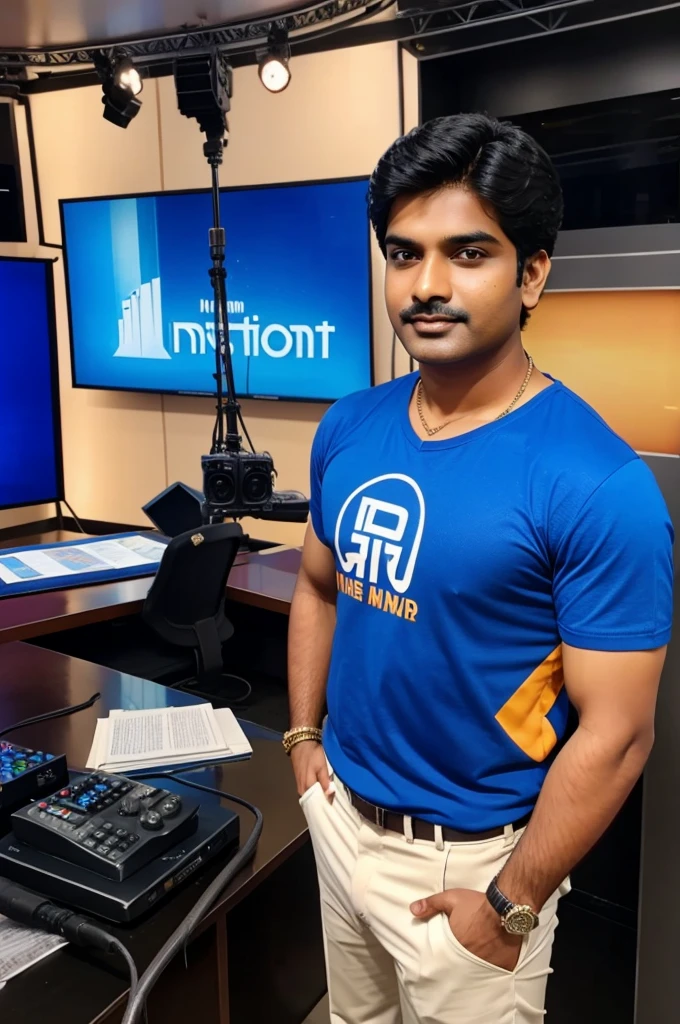 Indian man news anchor with news studio