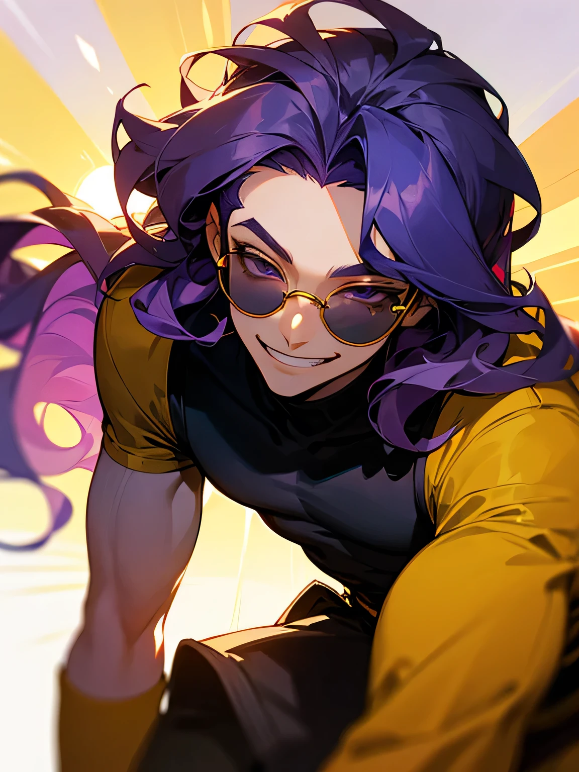 (frontview), leaning forward,solo,upperbody,man,male's nose,male's mouth,(purple long wavy male's hair),big forehead,sun glasses,hip hop event,grin
