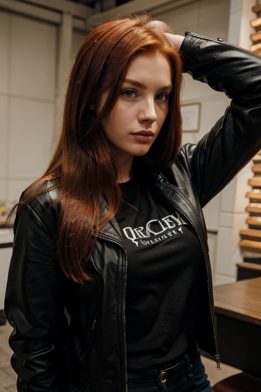 25 year old redhead woman with straight hair wearing a black rock shirt and a black leather jacket