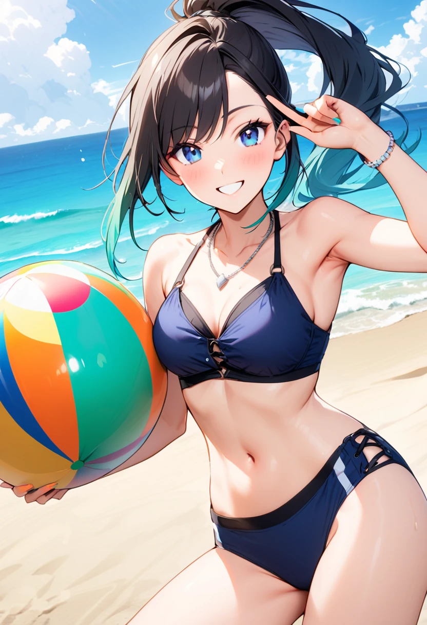 A young woman, 21-years-old, solo, Caucasian, black hair, cyan hair, gradient hair, multicolored hair, ponytail, two-tone hair, blue eyes, cheerful smile, mature face, dark blue bikini top, dark blue bikini bottom, midriff, holding a beachball, beach, thin silver necklace, white bracelet