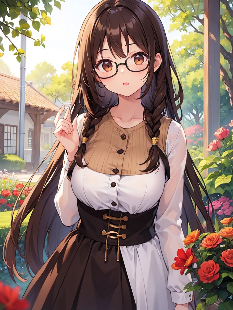 1 Female、Brown hair、Brown Eyes、Best Quality、Super detailed、8 Resolution、Raw photo、Mastepiece、Perfect Body、high resolution、Highest quality、Detailed drawing、Vibrant colors、lure、Long Hair、Black-rimmed glasses、Captivating breasts、Wearing a jersey、Ground