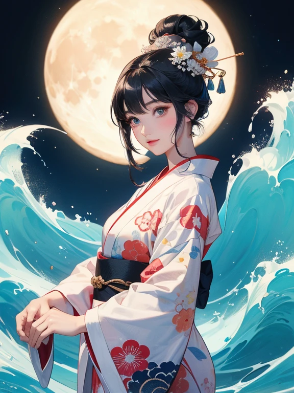 (Highest quality、masterpiece、High resolution、8K)、Ukiyo-e、Vibrant colors、Katsushika Hokusai、1 female、Black hair Japanese topknot、The kimono has a vivid floral pattern on a white background.、Official Art、背景はUkiyo-e風、White waves and Mt. Fuji、Flowers and Moon、White waves and the moon