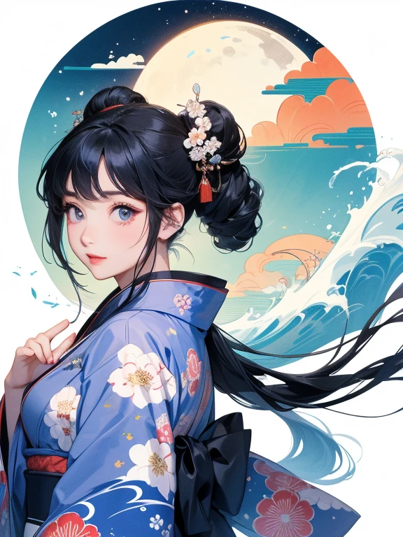 (Highest quality、masterpiece、High resolution、8K)、Ukiyo-e、Vibrant colors、Katsushika Hokusai、1 female、Black hair Japanese topknot、The kimono has a vivid floral pattern on a white background.、Official Art、背景はUkiyo-e風、White waves and Mt. Fuji、Flowers and Moon、White waves and the moon