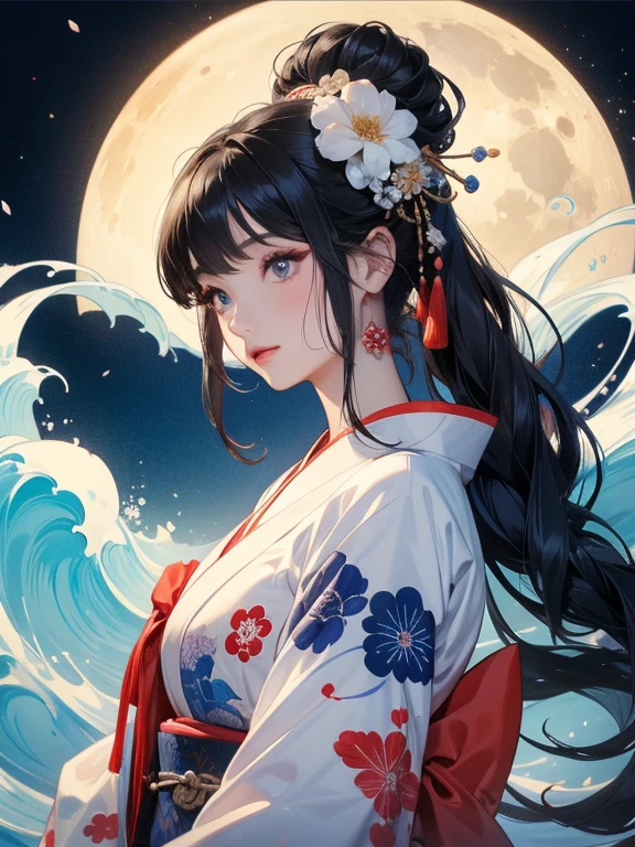 (Highest quality、masterpiece、High resolution、8K)、Ukiyo-e、Vibrant colors、Katsushika Hokusai、1 female、Black hair Japanese topknot、The kimono has a vivid floral pattern on a white background.、Official Art、背景はUkiyo-e風、White waves and Mt. Fuji、Flowers and Moon、White waves and the moon