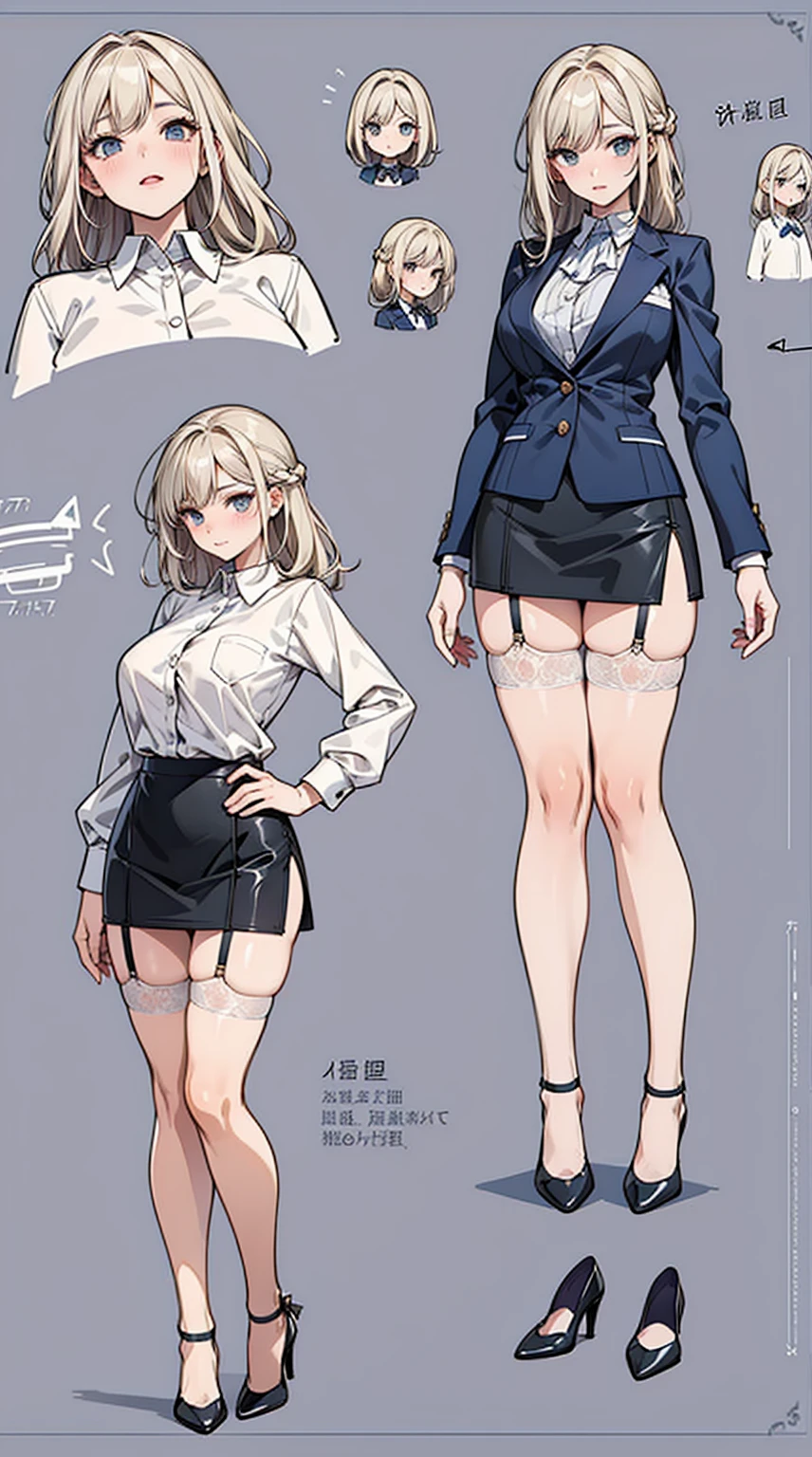 girl, alone, whole body, From head to toe, Are standing, (Huge_chest:1.3),

Character design sheet, Character Reference Sheet, 設計図のSchematic, Drafting, Blueprint, Schematic,
((Character design sheet:1.7, Character Reference Sheet:1.7,)),

anime/cartoon character wearing a girls , 1girl, alone, ,Mature Woman,chestの谷間,Long sleeve,Collared shirt,White shirt,,(Tight Skirt),((garter belt)),(High heels),Skirt Suit,mini skirt,office lady,Long Hair, bow, ,  (Very short skirt:1.4), (lingerie:1.5),