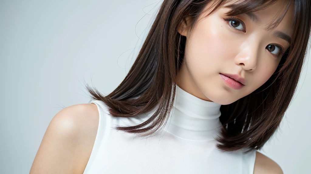 (Detailed face),vivid,chest,cute,Sleeveless and(turtleneck)White silky clothes,4K,Ultra-high resolution,(Photorealistic:1.7),Black long hair,White background,