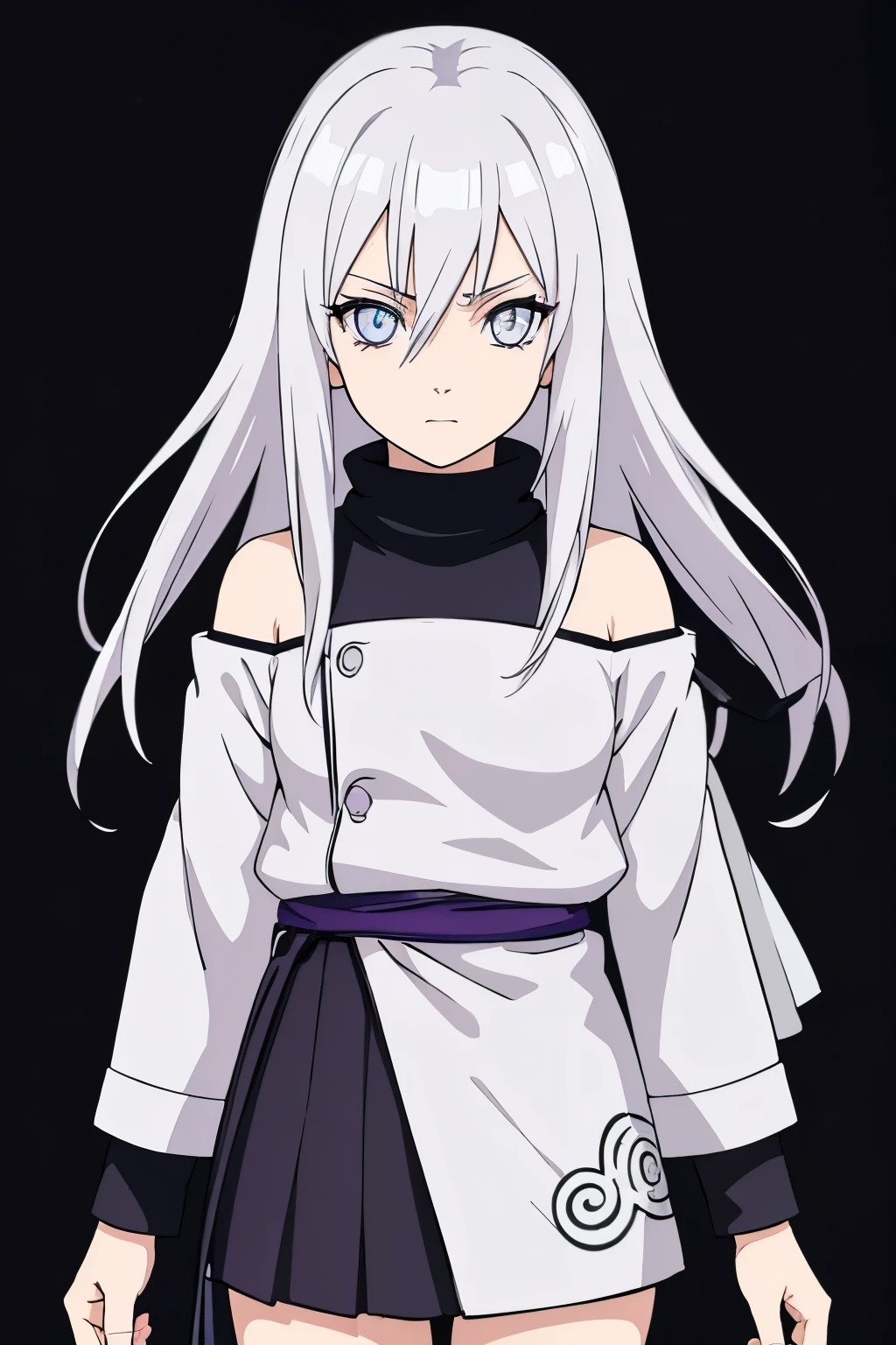 (high-quality, breathtaking),(expressive eyes, perfect face) portrait, Symmetrical Eyes, 1girl, female, solo, teenager, short height, white hair, white coloured eyes, byakugan, anime naruto art style, long hair, fluffy hair, feminine face, grey background, hallway background, detailed eyes, hyuga, Ōtsutsuki, naruto ninja attire, neutral expression, soft smile, purple and black clothing, white trim, long sleeves, white dress, hair between eyes, bare shoulders, jacket
