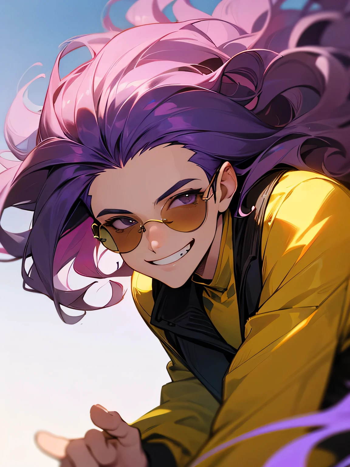 (frontview), leaning forward,solo,upperbody,man,male's nose,male's mouth,(purple long wavy male's hair),big forehead,sun glasses,hip hop event,grin
