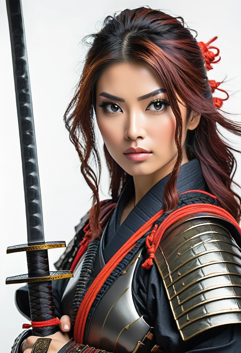 beautiful woman with samurai style with armor white background