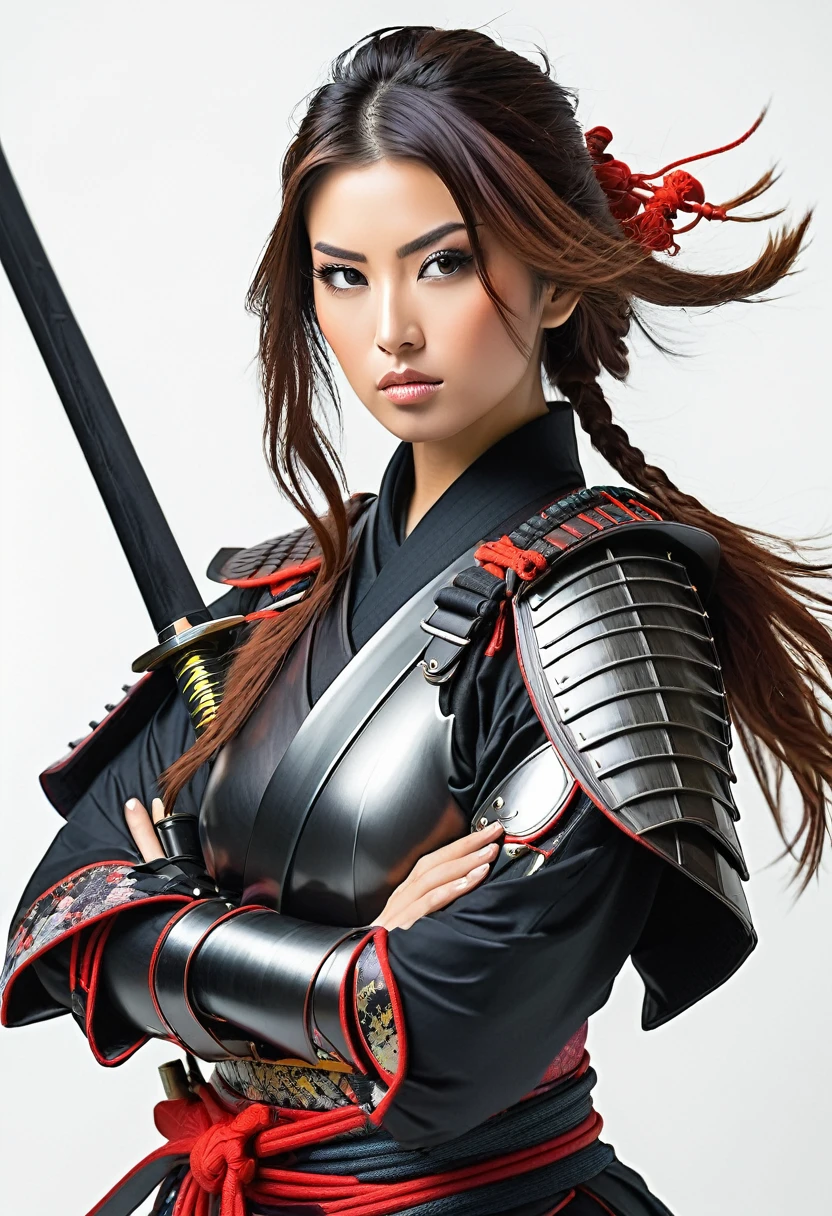 beautiful woman with samurai style with armor white background