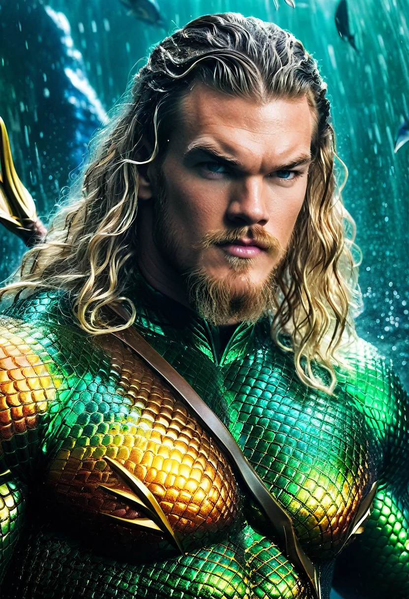 (((Extreme close-up Alan Ritchson under the mantle of Arthur Curry aka Aquaman long hair slime Aquaman front images color images Splash)))