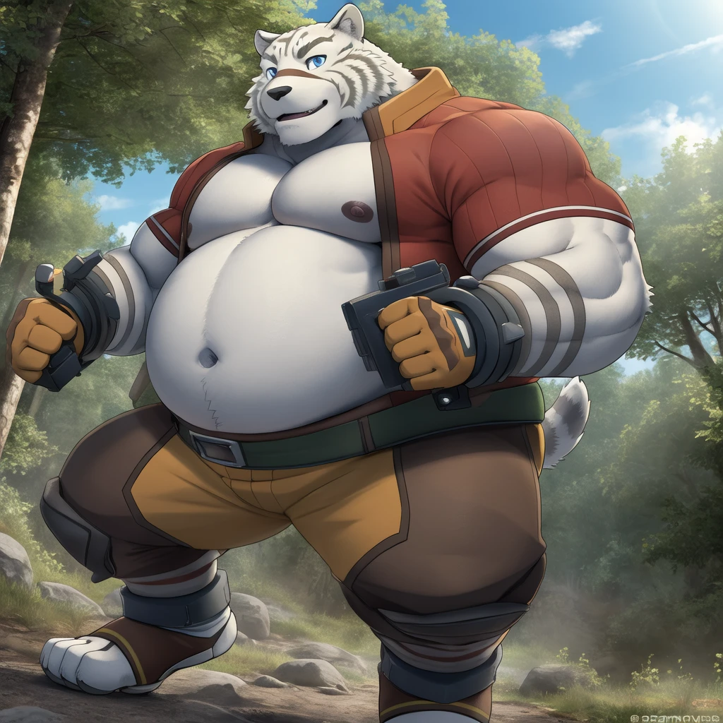 Animal kingdom Tank Hero Academia Shonen Anime style, full body image, Casual, neighborhood style, big obese , in sport clothes, He is a huge obese Sumo in huge obese weight gain process, detailed face, detailed eyes, detailed nose, defined face, big belly, high resolution settings, settings to fix face, high resolution settings, face fix settings, Whismical model, detailed eyes, detailed hands best quality,realistic lighting, male, anthro,muscular, muscular male, solo, bodily fluids, abs, pecs, muscular anthro, hi res, nipples, detailed background, forest, (yohei:1.2), (perfect eyes:1.2),white fur,  (ultra detailed paws)