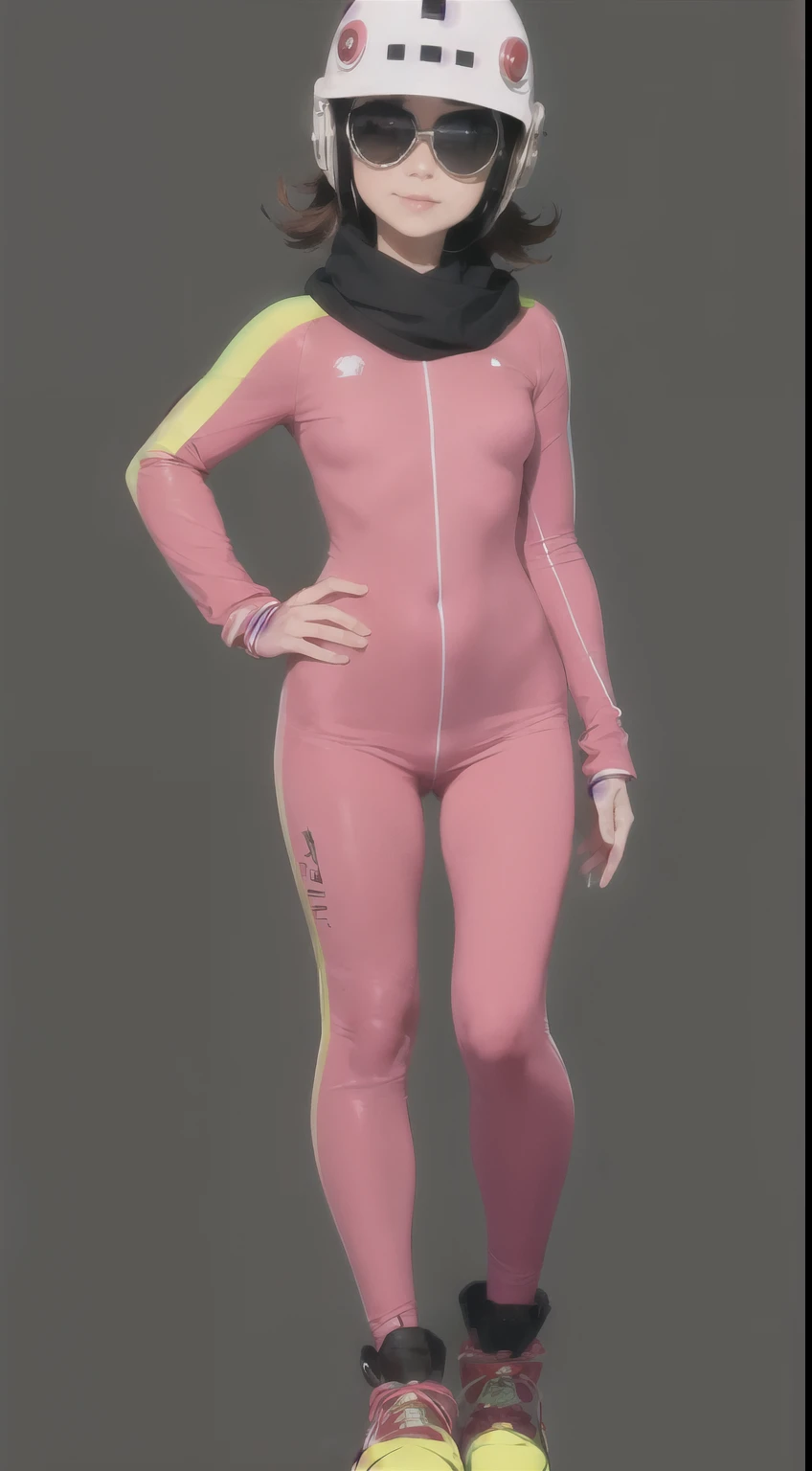 short woman, (ultra detailed,ultra high res,detailed background),((2D)),((flat color)),((muted color)),((floating neon)),1girl,solo,looking at viewer, spray paint, graffiti, girl in a colorful fencing suit, long plush scarf, full body image, adult woman, anatomically perfect face, face in focus, symmetrical face, rollerskates, wearing a 1950's scifi helmet with a visor, big sunglasses