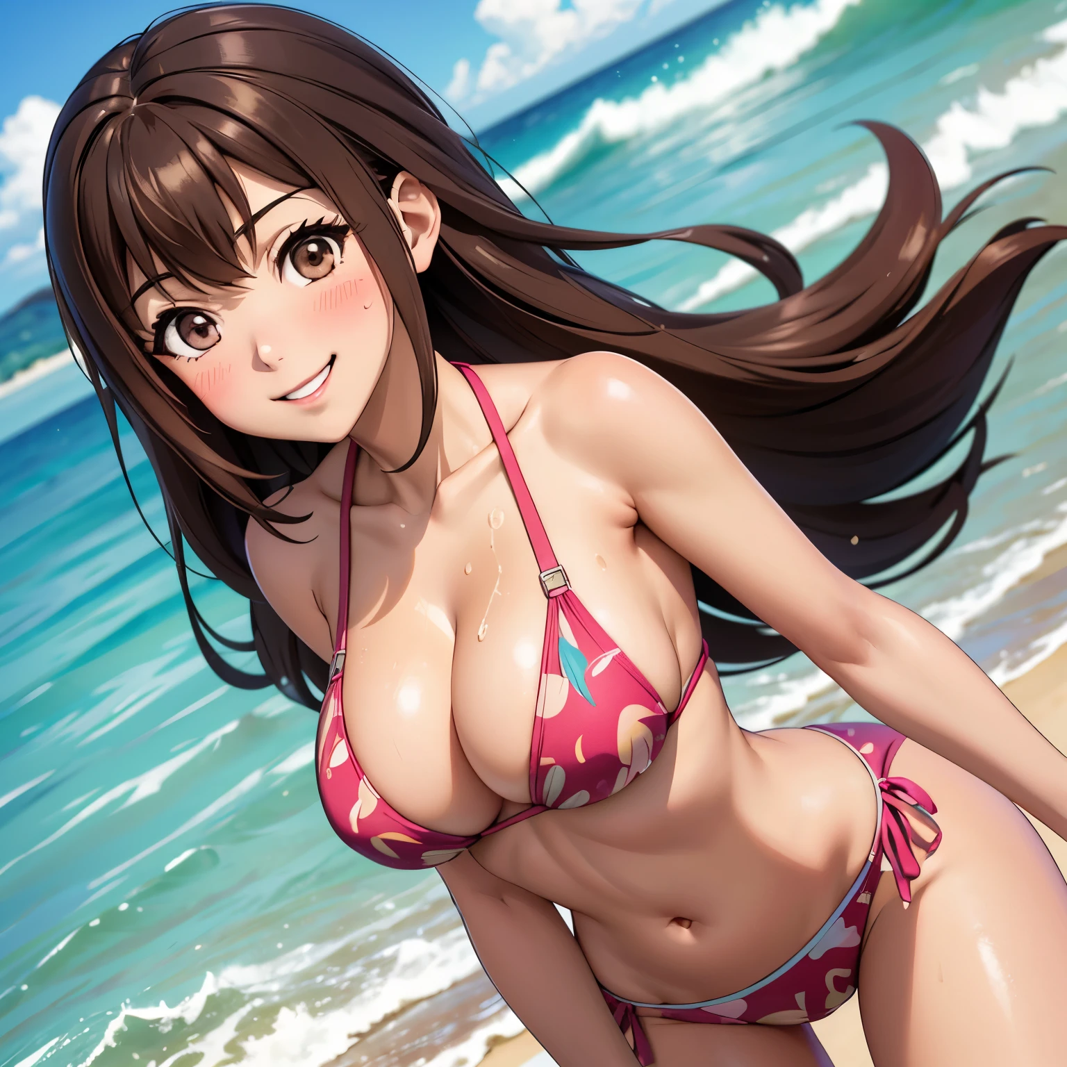 Kizuna Kazayama, 25 year old woman, mature face. Long brown hair, BLUSH, brown eyes, smile showing teeth, blush bright blue bikini, big breasts, drops of water on his chest, cuerpo completo. happy smile. background a tropical beach. huge breasts. focus on breasts.