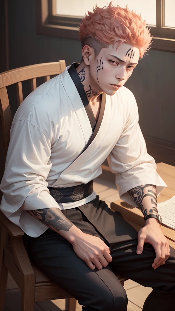 a young man in the story series, "Jujutsu kaisen" named "itadori yuji" with a tattooed face, brown eyes, with red, light hair, sitting on a chair, and a white kimono shirt, with a realistic effect.