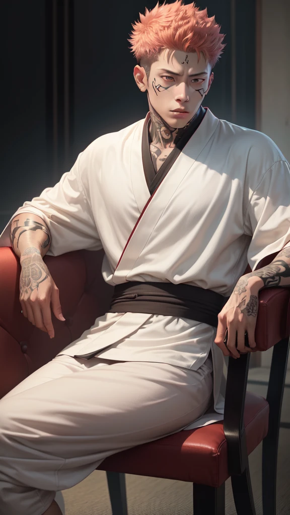 a young man in the story series, "Jujutsu kaisen" named "itadori yuji" with a tattooed face, brown eyes, with red, light hair, sitting on a chair, and a white kimono shirt, with a realistic effect.