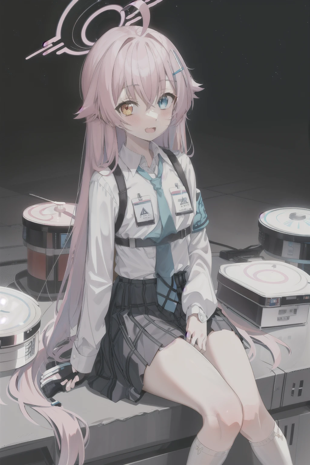 1girl, hoshino (blue archive), solo, heterochromia, pink hair, skirt, long hair, necktie, ahoge, shirt, halo, plaid skirt, blue eyes, plaid,  looking at viewer, white shirt, sitting, orange eyes, chest harness, harness, long sleeves, id card, open mouth, very long hair, collared shirt, smile, blue necktie, bangs, feet out of frame, between legs, hand between legs, blush, hair between eyes, highres,masterpiece, best quality