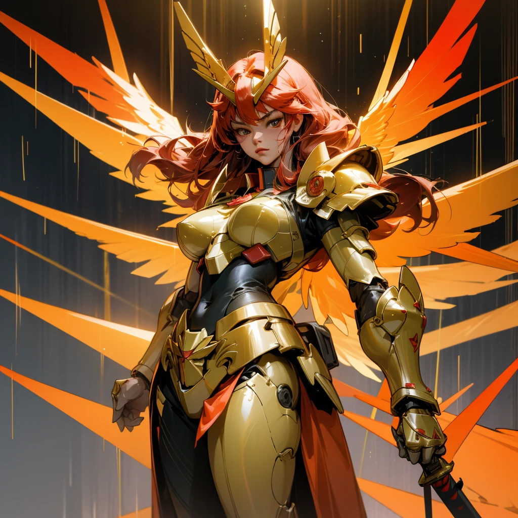 Cute face, sexy body, standing in the tropical rain forest, big breasts and long legs, wearing high-tech golden armor, holding two samurai swords, with Gundam wings behind her and a long red tail.