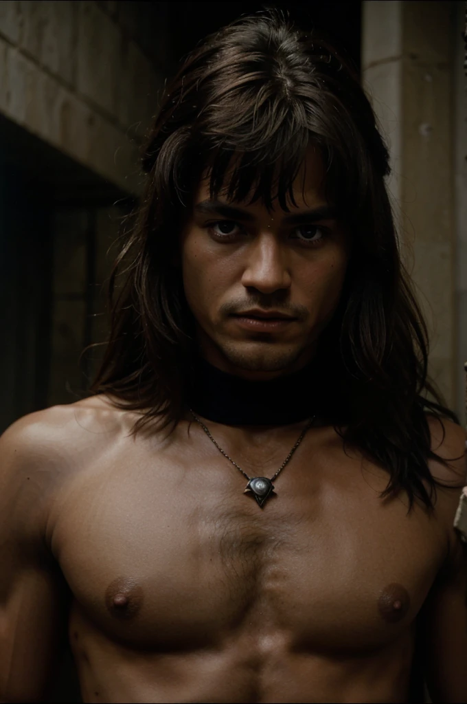 8k, photorealistic, highly detailed, (cinematic:1.3), man, totally naked at a dystopian city, tattered outfit with rusty metal armor plates, long wild hair, tattooed hands and body, fashion pose, detailed symmetric beautiful hazel eyes, detailed gorgeous face, apocalyptic environment, exquisite detail. (dark:1.3), (depth of field), bokeh, film grain, wide shot, soft light, dim illumination, looking at camera