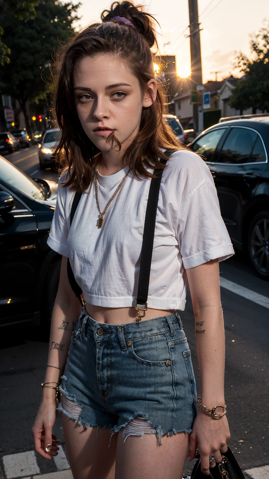 (masterpiece), (sunset), (on the street), (Kristen Stewart), (fashion outfit), (close up), (flashphoto), (flash photography), (close up), (kst3w)