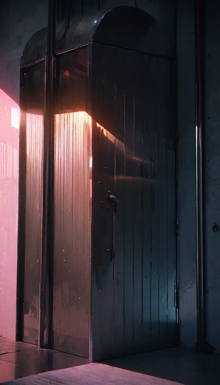 (8K, RAW photos, best quality, masterpiece: 1.4), (((Dark closed cell))),Ultra-high resolution, Extremely detailed, Dim Lights, Close-up of prison door, High-quality shadows, Natural Lighting, (White highlights:1.2), night, cloudy day, (High-tech alloy prison door:1.2), (Metallic glossy walls:1.2)