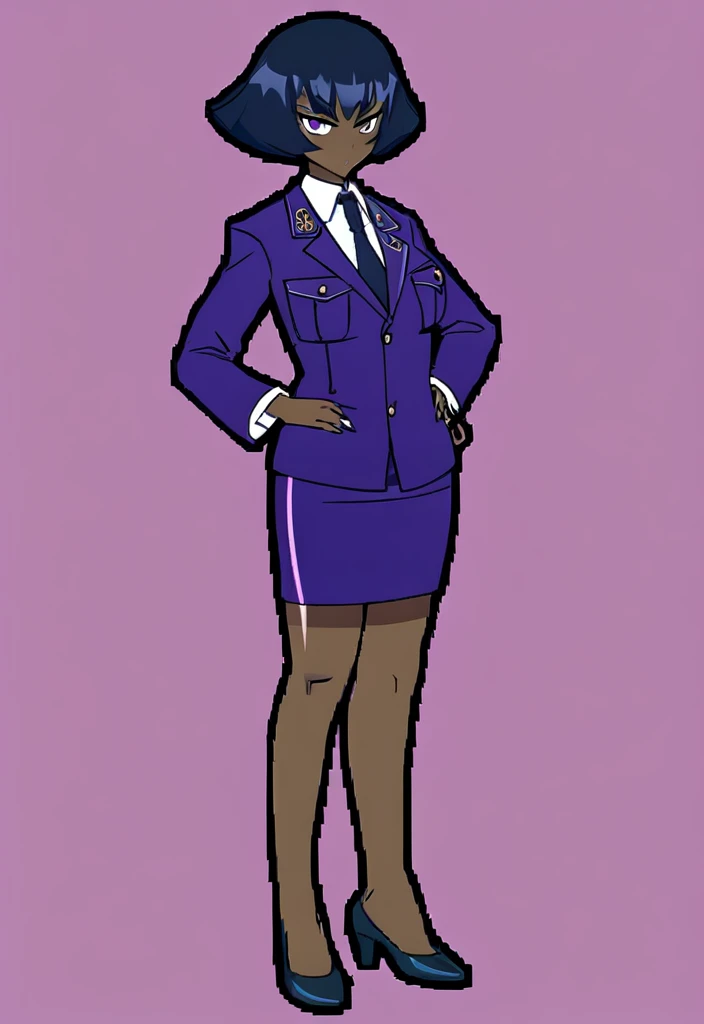 Make a evil military black anime woman in a purple skirt suit witha tie on full body 