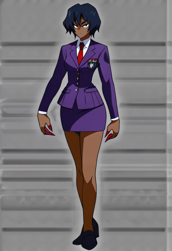 Make a evil military black anime woman in a purple skirt suit witha tie on full body 