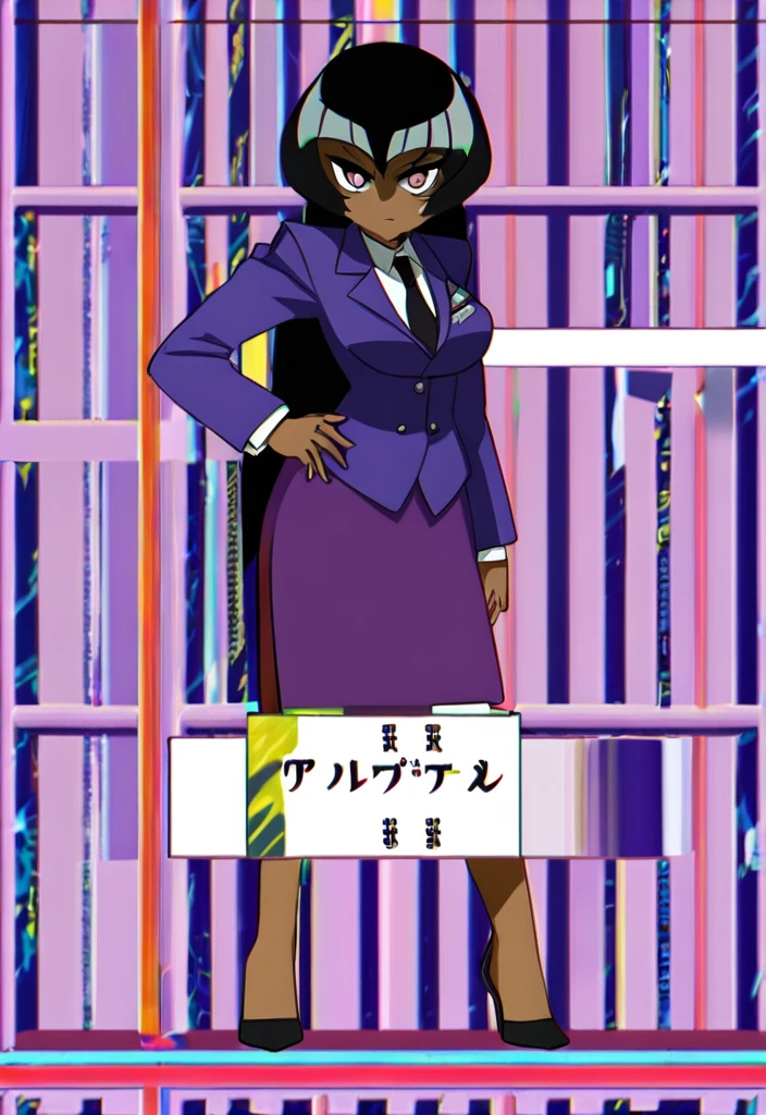 Make a evil military black anime woman in a purple skirt suit witha tie on full body 