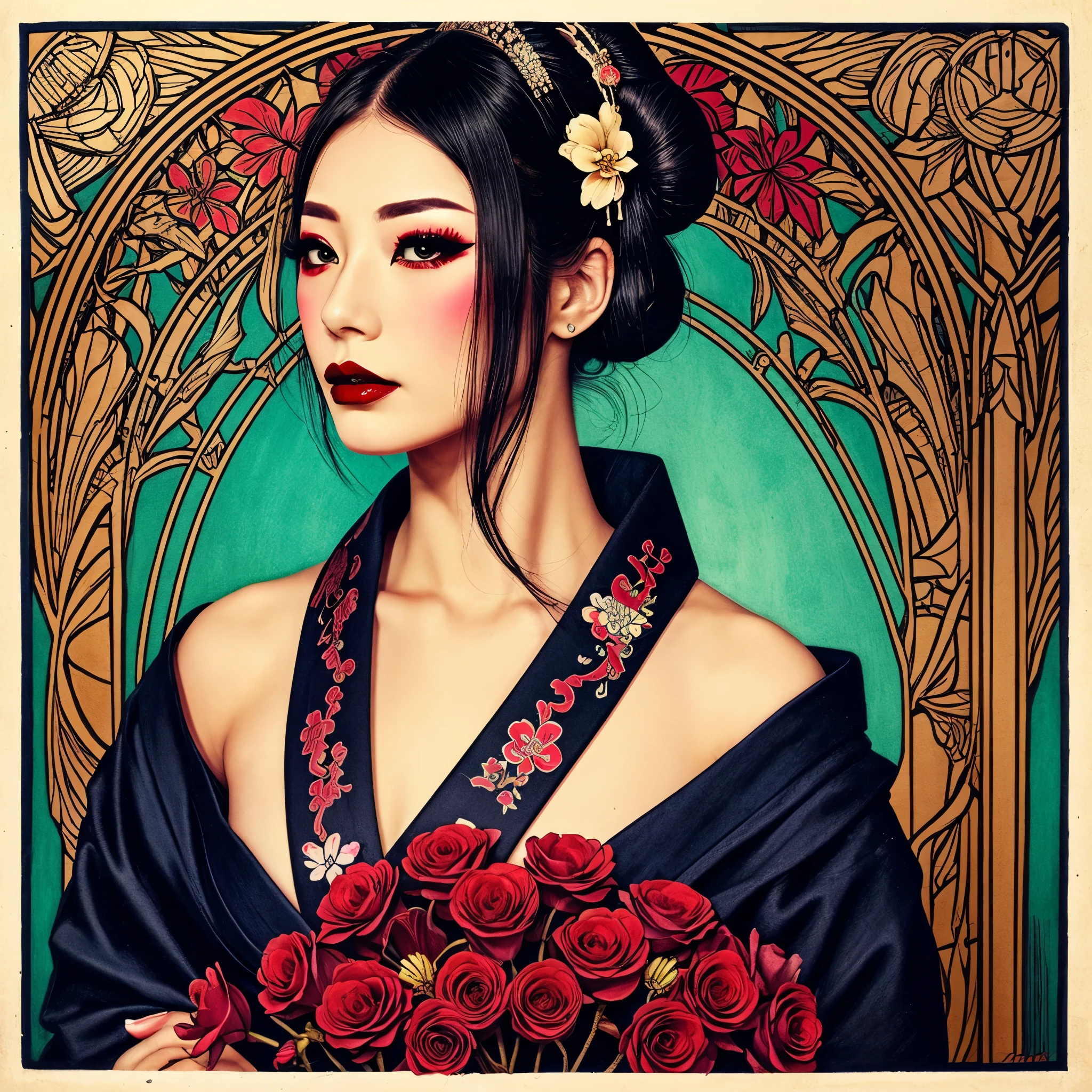 geisha cyberpunk without jaw looking up,hair tied,red flower in hair,black hair,red lipstick,dark makeup,hand drawn,art nouveau