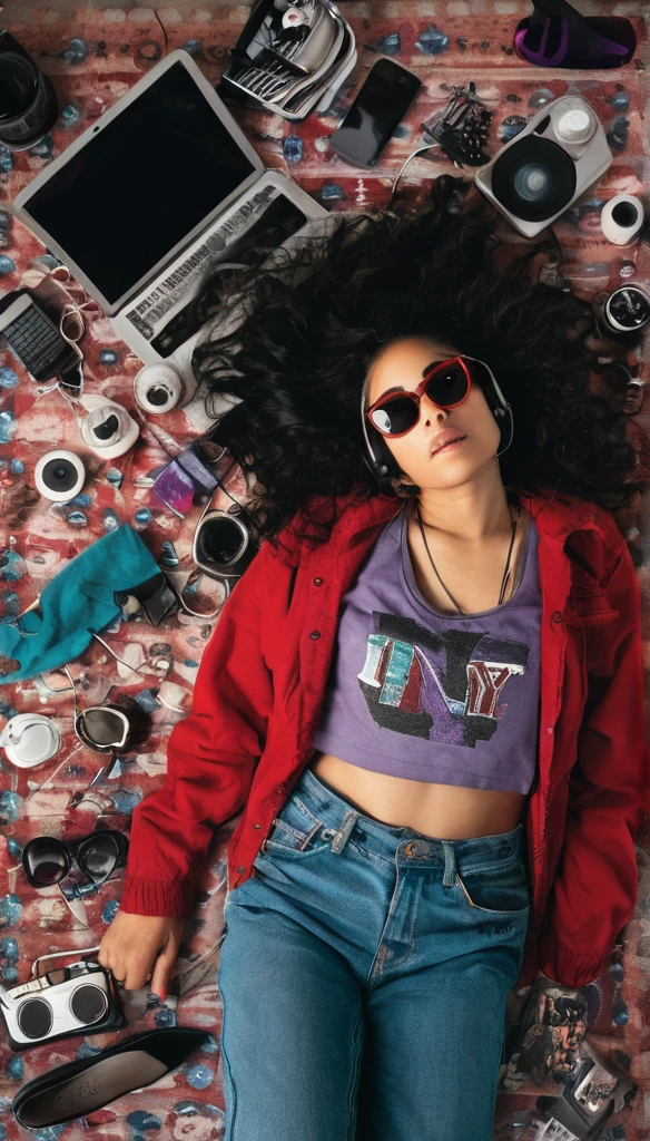 A captivating flat lay photograph of a young, fashionable woman lying on her back, surrounded by a collection of daily items. Her long, curly black hair cascades around her face, and she wears a red jacket with a silver "I <3 NY" t-shirt underneath. She dons wireless headphones and sunglasses, holding a camera over her chest. A guitar, DAP player, smartphone, laprop, and vinyl record are dispersed around her, reflecting a blend of old and new. The background features vibrant teal and purple fabrics, creating a cozy, artistic atmosphere. The soft, natural lighting suggests an indoor setting illuminated by daylight., photo