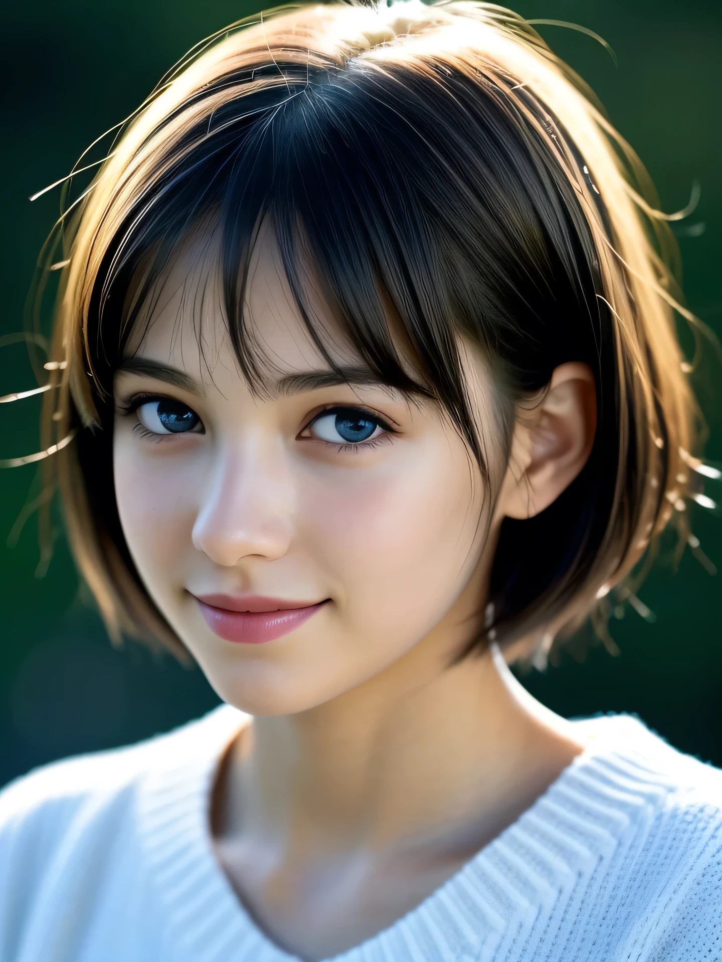 (Photo Real:1.4), (hyper realisitic:1.4), (Smooth lighting:1.05), 1 girl, teenager, blue eyes, happy, shy, smile, (looking away:1.2), Close-up of the face, Soft lighting, Back lighting, (Finest Real Textured Skins), Super fine face, glowy skin, retinas, Anatomically correct, (short Hair:1.1), bangs, Textured skin, High quality, high details, Best Quality, High resolution, sweater