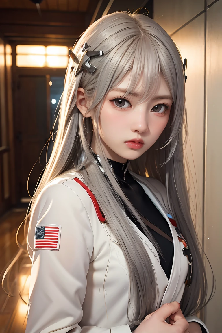 anime girl with long hair and white coat standing in a hallway, girls frontline style, from girls frontline, from arknights, portrait anime space cadet girl, cute anime girl, anime visual of a cute girl, silver hair girl, an anime girl, anime mecha aesthetic, anime aesthetic, beautiful anime portrait, portrait anime girl, pretty anime girl, beautiful anime girl