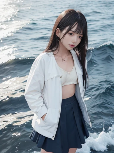 Japanese female, a lot of details, (underweight), 30 years old, detailed black hair, beautiful detailed hair, super fucking beautiful, delicate beautiful face, complex details beautiful and delicate eyes, perfect hands, (flat chest best quality:1.5), perfect and delicate limbs, detailed skin, best quality, ultra-detailed,harbor, ship, desperate, standing, scratching head, long hair tied back, (blue skirt), (cream jacket), Moment of Despair, in the ocean, with a ship, full body shot, back shot