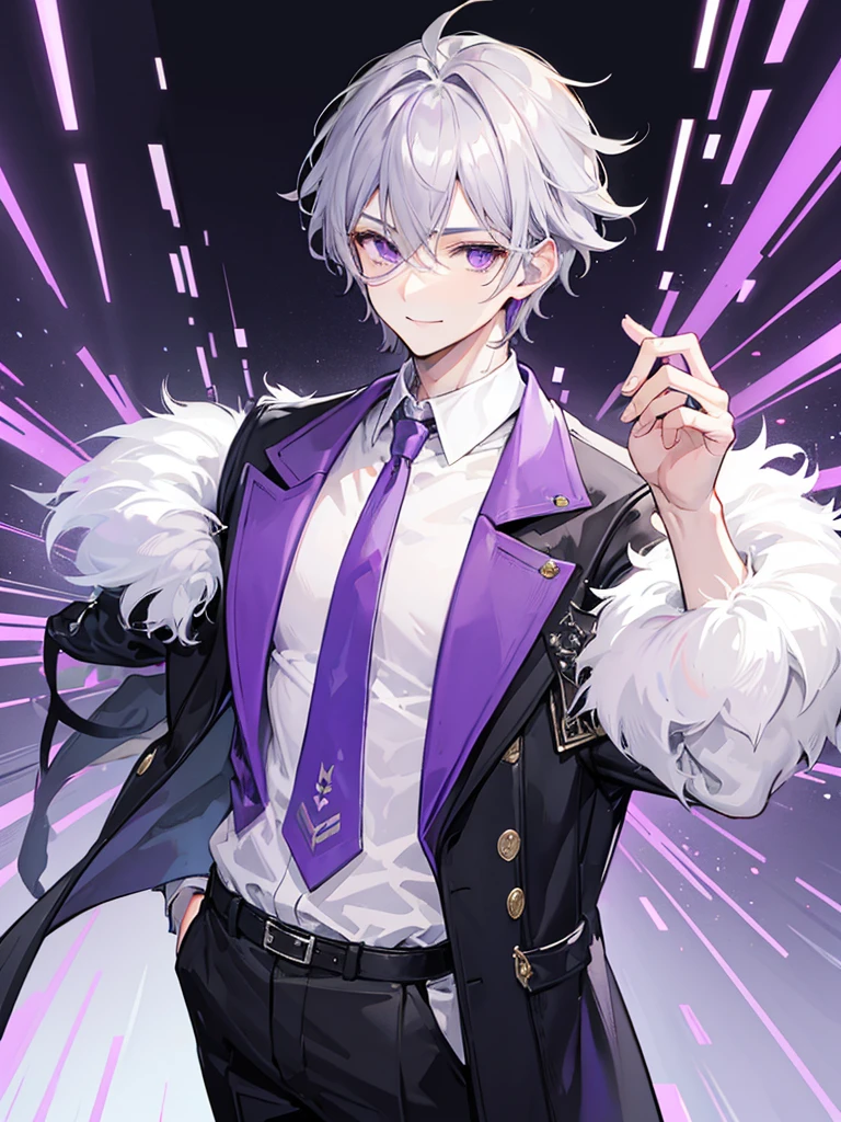 Young man, grey hair, purple eyes, smile face, modern style, handsome man, bad boy, scoffed