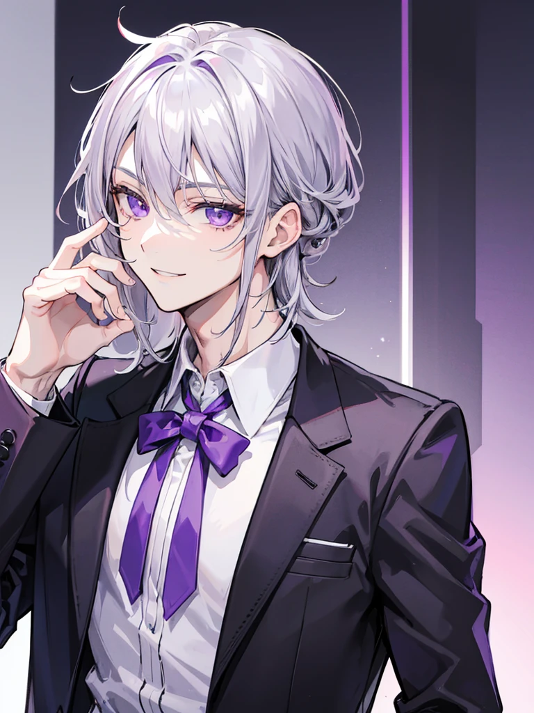 Young man, grey hair, purple eyes, smile face, modern style, handsome man, bad boy, scoffed