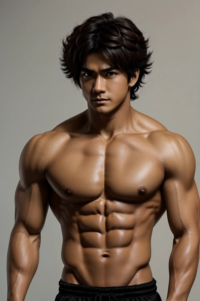 Create a male character inspired by Baki Hanma with black and medium tan hair from 1.85cm but in anime style 