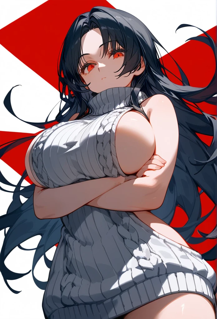 Score_9, Score_8_up, Score_7_up, 1 girl, woman, long hair, black hair, split bangs, dark red eyes, big breasts, expressionless, sleeveless sweater, killer virgin sweater, squinted eyes, mouth closed, standing, arms crossed, sight side, thighs, bottom view, upper body, masterpiece, best quality, white background, long parted bangs, Boku no Hero.