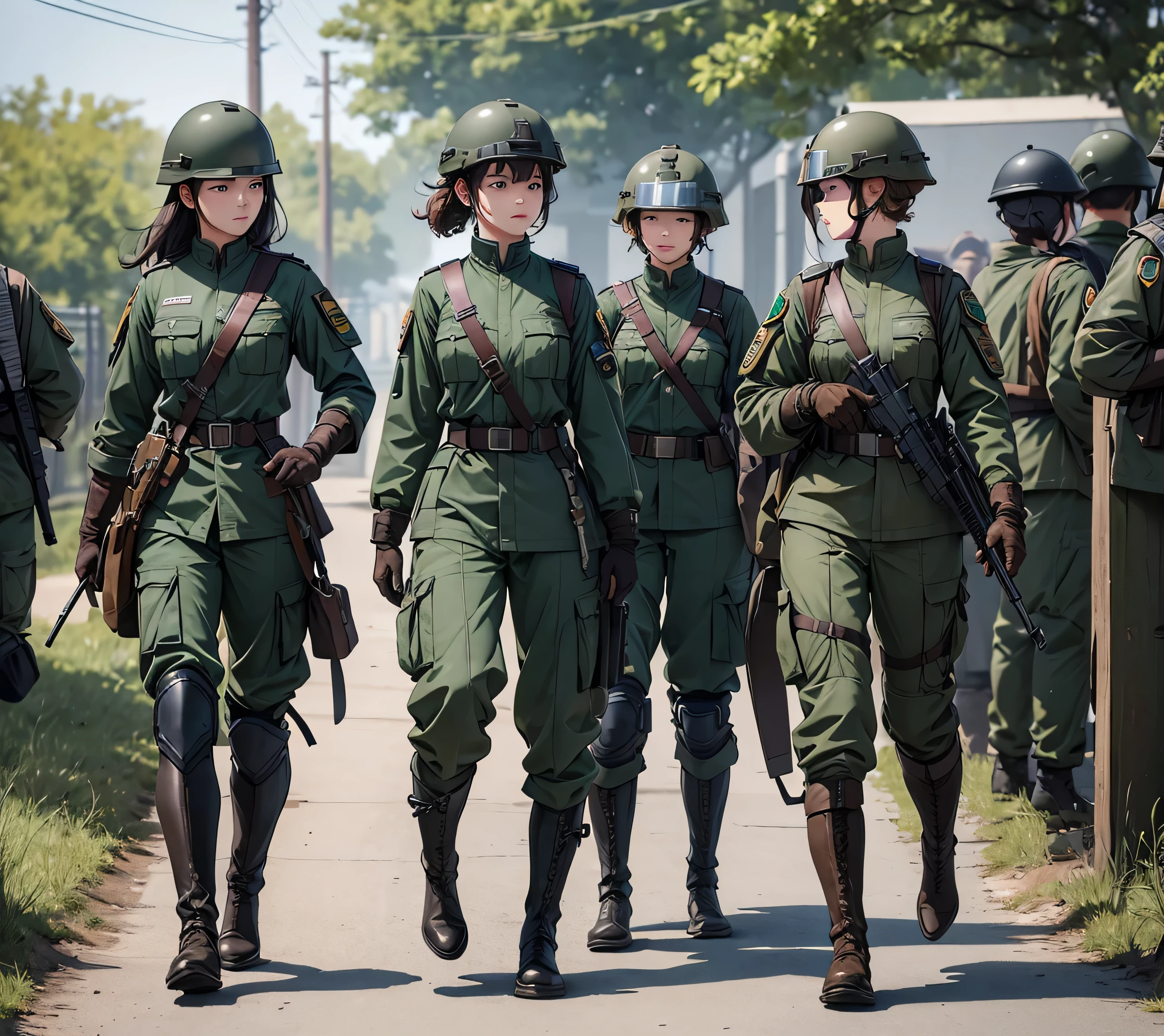 A group of female soldiers wearing helmets、In the hospital、Dark green military uniform、Military Pants、Brown diagonal shoulder strap and belt、Riding boots、Gloves、Write details、masterpiece、best quality、Highly detailed CG、8K picture quality