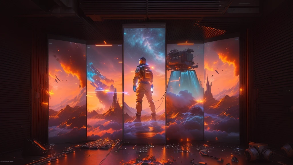 There are three screens,A man standing in front of a stove, Stunning splash screen artwork, cinematic beeping sounds, beeping sounds. Octane Rendering, Highly detailed VFX scenes, beeping sounds daily art, stunning vfx, realism | beeping sounds, Stunning epic visual effects, beeping sounds masterpiece, inspired author:Mike Winkelmann, author:Mike Winkelmann