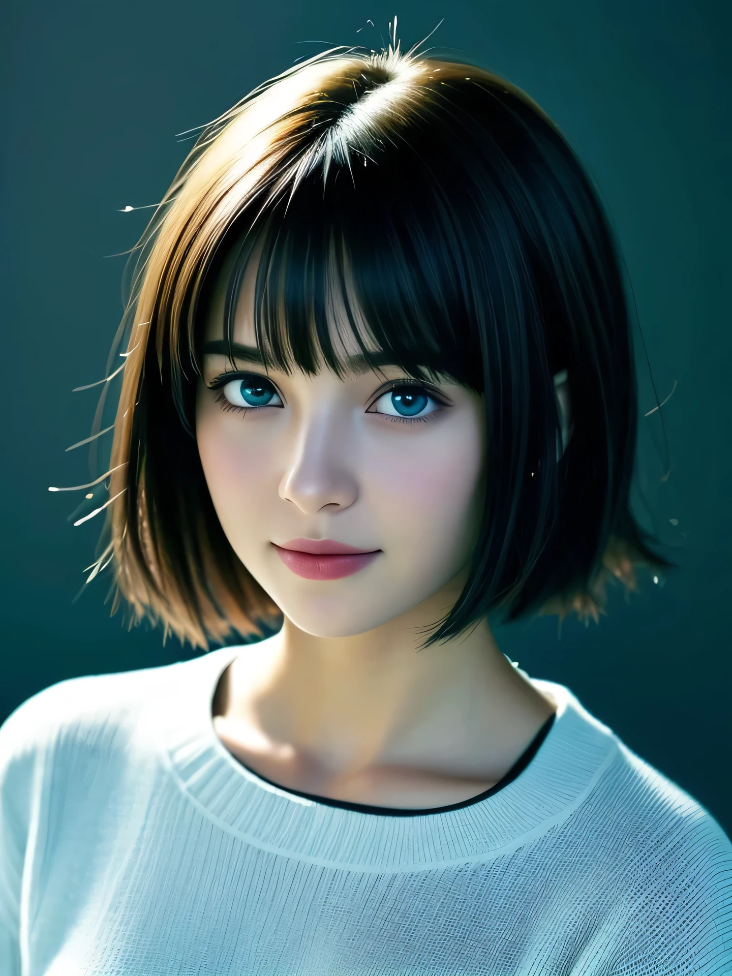 (Photo Real:1.4), (hyper realisitic:1.4), (Smooth lighting:1.05), 1 girl, teenager, blue eyes, happy, shy, smile, (looking away:1.2), Close-up of the face, Soft lighting, Back lighting, (Finest Real Textured Skins), Super fine face, glowy skin, retinas, Anatomically correct, (short Hair:1.1), bangs, Textured skin, High quality, high details, Best Quality, High resolution, sweater