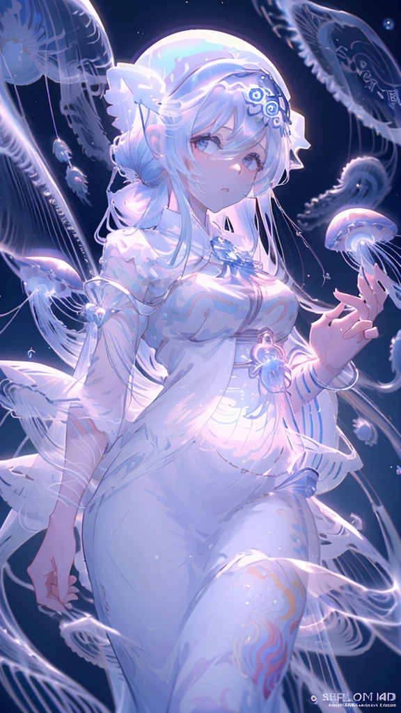 Anime girl in a white dress floating inside a jelly-like body, Jellyfish Shrine Maiden, Jellyfish Shrine Maiden, Jellyfish God, Jellyfish Shrine Maiden 8k, Albedo from the anime overlord, Albedo from overlord, Albedo, UFOTABLE art style, Ethereal Anime, Official Anime Artwork, Anime Art Nouveau Space Display