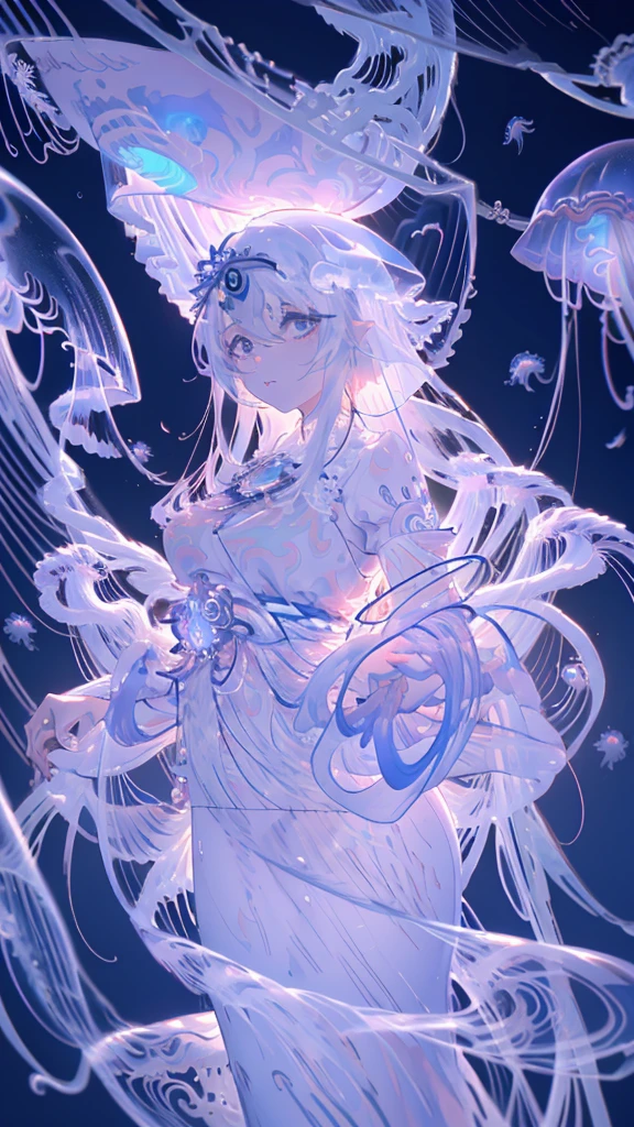 Anime girl in a white dress floating inside a jelly-like body, Jellyfish Shrine Maiden, Jellyfish Shrine Maiden, Jellyfish God, Jellyfish Shrine Maiden 8k, Albedo from the anime overlord, Albedo from overlord, Albedo, UFOTABLE art style, Ethereal Anime, Official Anime Artwork, Anime Art Nouveau Space Display
