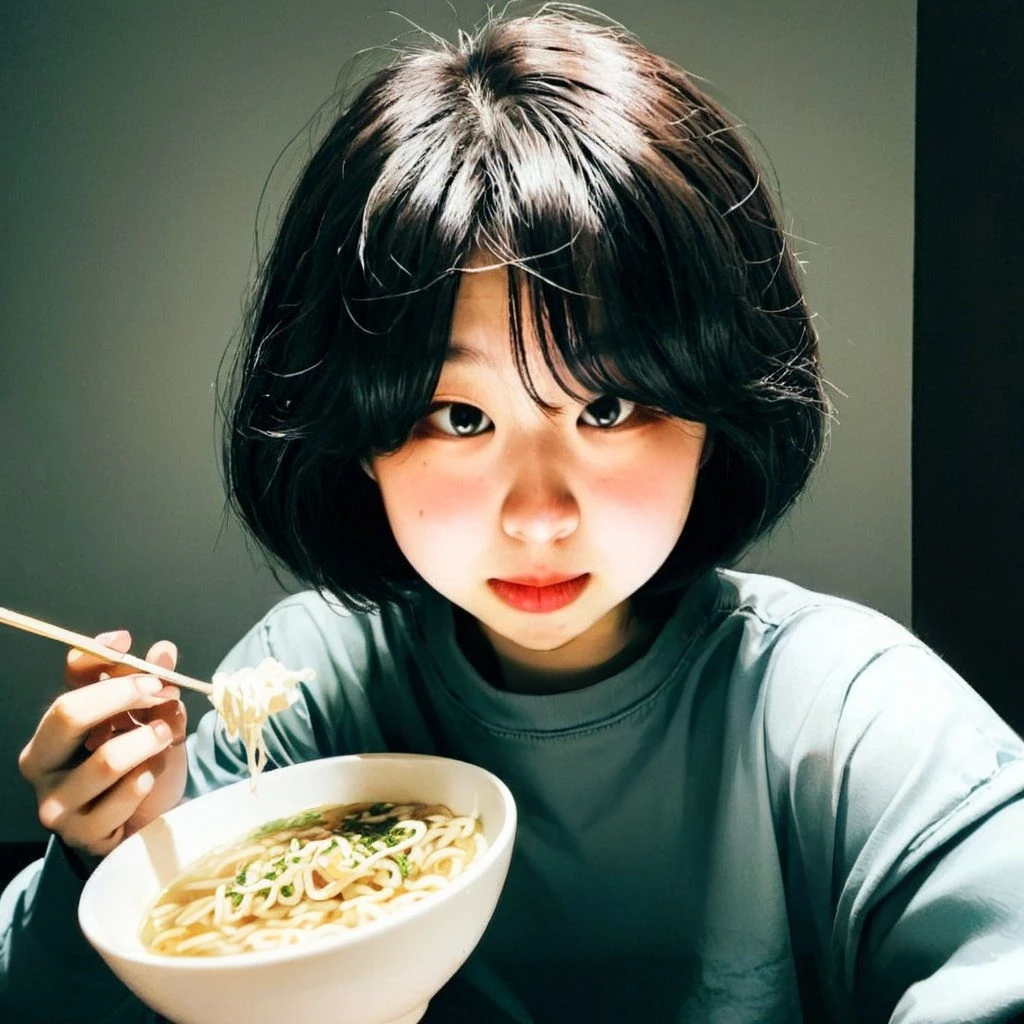 A girl with short hair and bangs is eating instant noodles