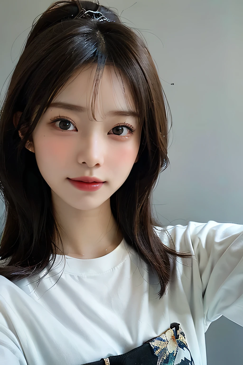 ((best quality)), ((masterpiece)), (detailed), perfect face. Asian girl. Blank t-shirt. Selfie.