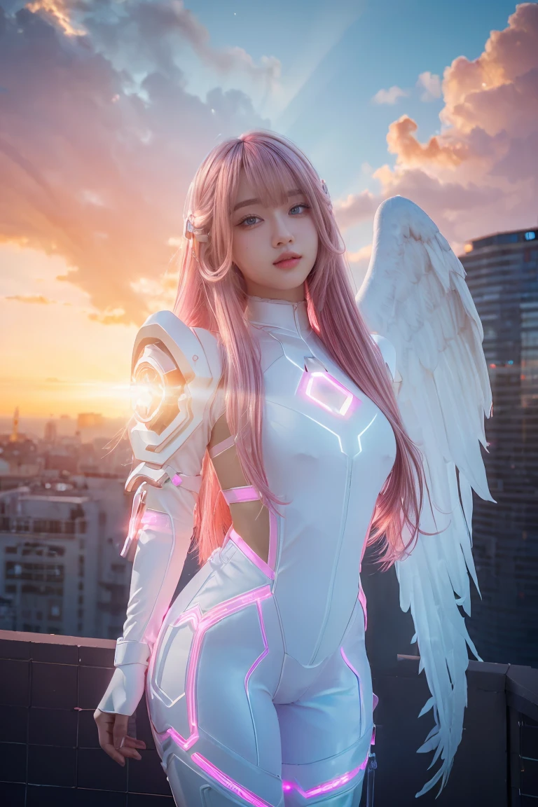 ((masterpiece, best quality, extremely detailed), volumetric lighting, ambient occlusion, colorful, glowing), 
1girl, solo, young girl, (pink hair), long hair, halo, aura, sacred, godness, cyber suit, (white outfit:1.3), android, bot, angel wings,
outdoors, sunset, sky, clouds, space, (cyberpunk theme:1.2),