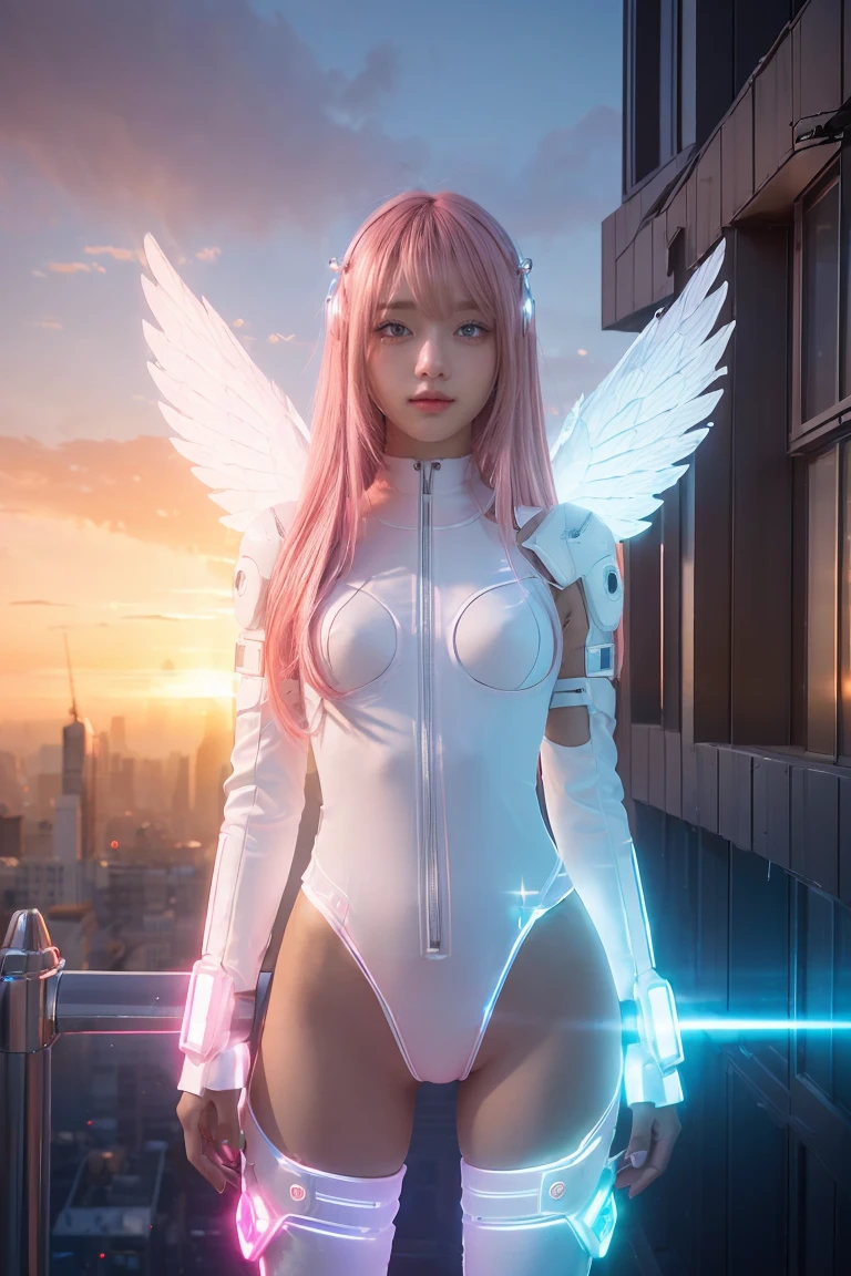 ((masterpiece, best quality, extremely detailed), volumetric lighting, ambient occlusion, colorful, glowing), 
1girl, solo, young girl, (pink hair), long hair, halo, aura, sacred, godness, cyber suit, (white outfit:1.3), android, bot, angel wings,
outdoors, sunset, sky, clouds, space, (cyberpunk theme:1.2),