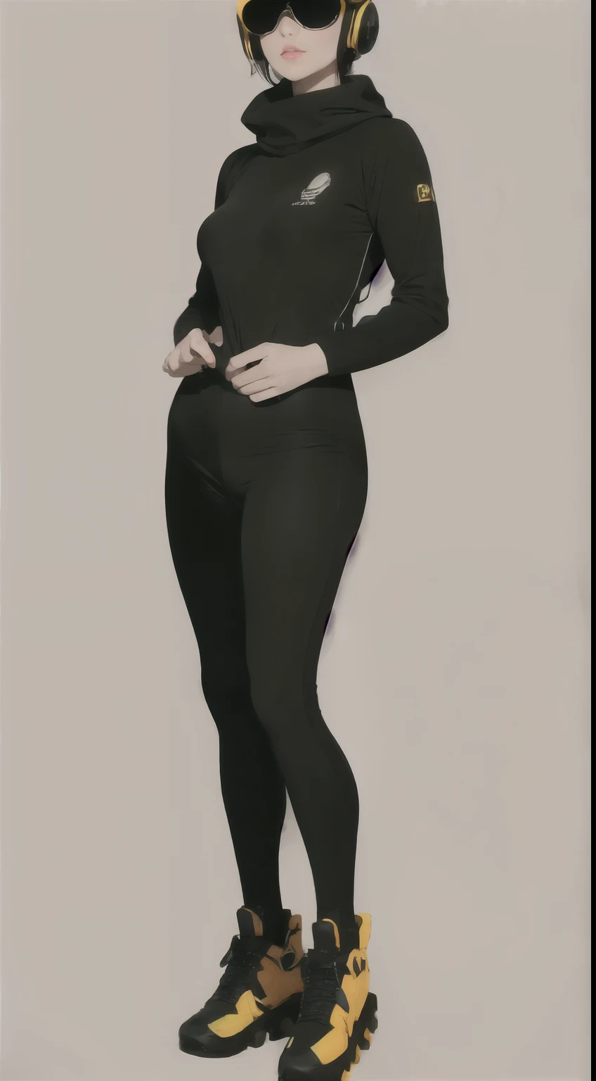 short woman, (ultra detailed,ultra high res,detailed background),((2D)),((flat color)),((muted color)),((floating neon)),1girl,solo,looking at viewer, spray paint, graffiti, girl in a colorful fencing suit, long plush scarf, full body image, adult woman, anatomically perfect face, face in focus, symmetrical face, rollerskates, wearing a 1950's scifi helmet with a visor, big sunglasses